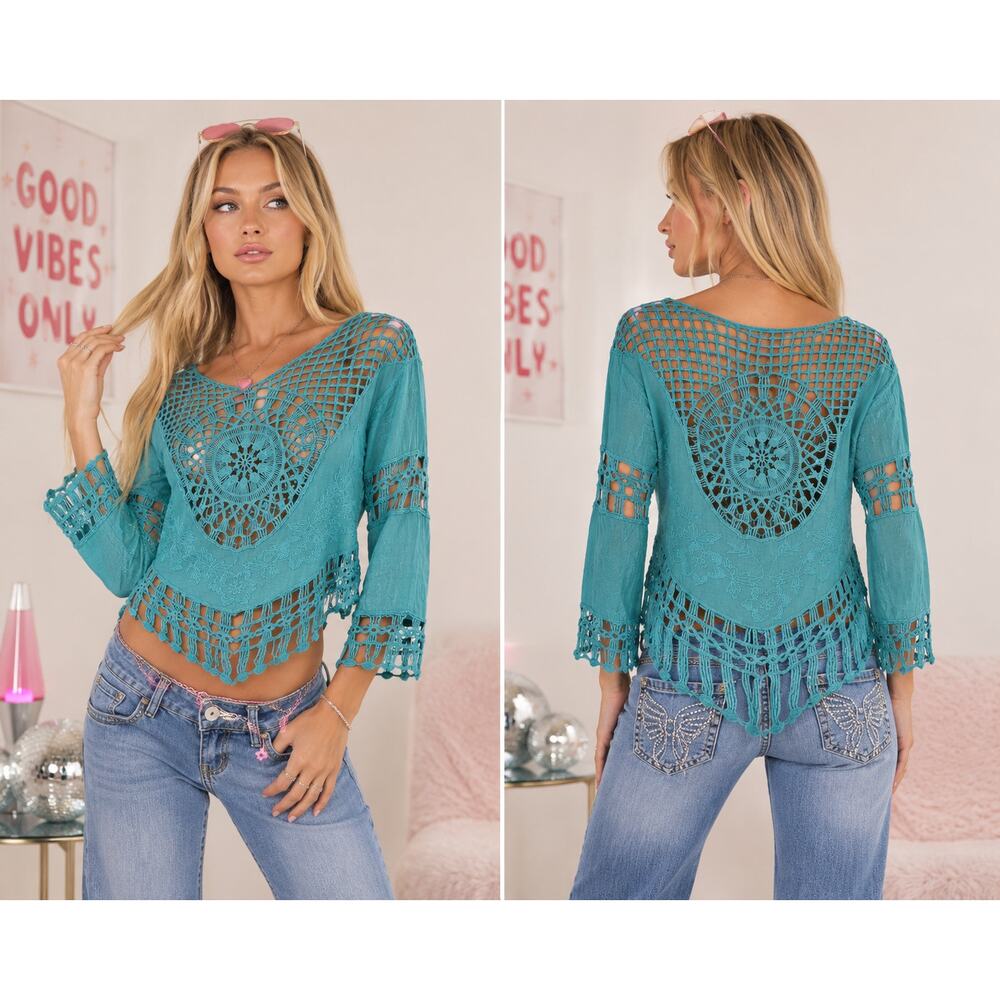 VENUS Boho Crochet Lace Top XS Turquoise Aqua Sheer Festival Beach Cover Up Y2K